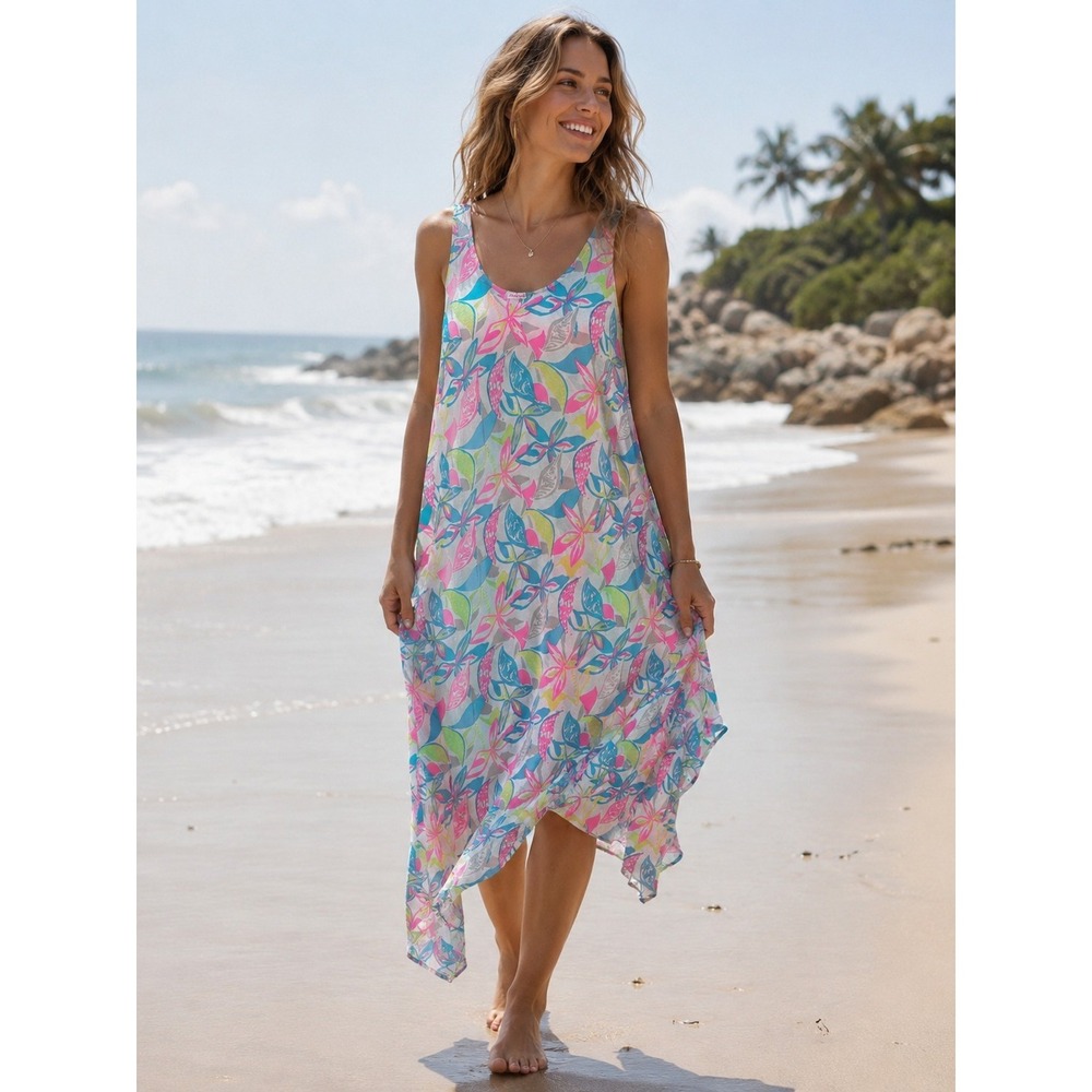 Fresh Produce White Colorful Floral Modal Cotton Summer Midi Tank Dress Size M